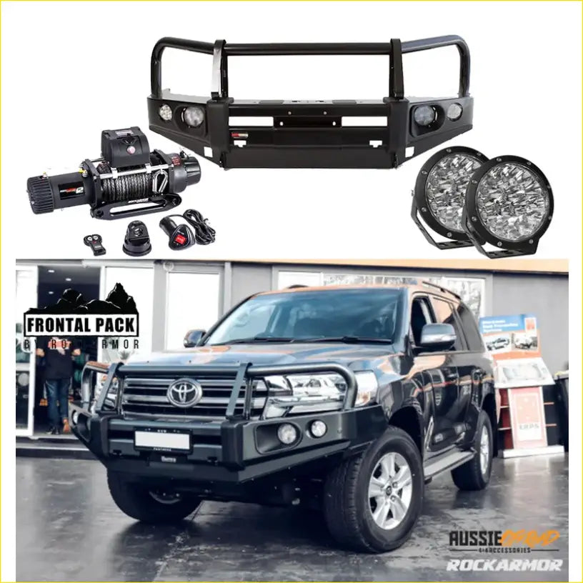 Black metal front bumper with integrated lights and mounting points for toyota land cruiser rockarmor elite bullbar combo pack