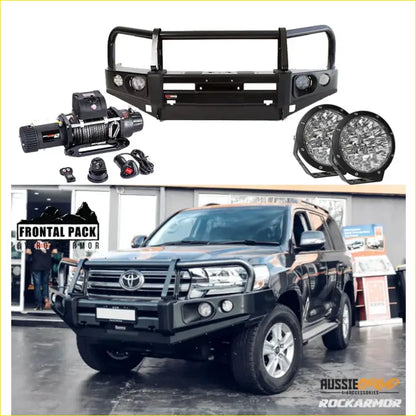 Black metal front bumper with integrated lights and mounting points for toyota land cruiser rockarmor elite bullbar combo pack