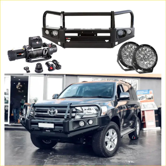 Black rugged steel rockarmor elite bullbar combo pack with led lights and winch for toyota lancruiser 200 off-road use