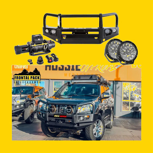 Black rugged steel rockarmor elite bullbar with integrated lights and mounts for toyota prado 150 2009-2013