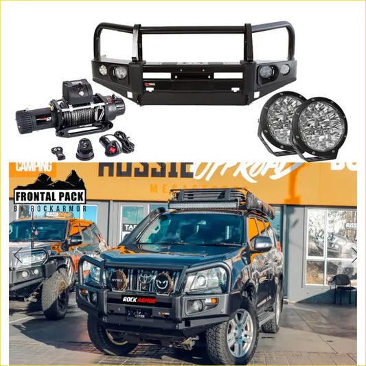 Black rockarmor elite bullbar front bumper with integrated lights and winch kit for toyota prado 150 2009-2013