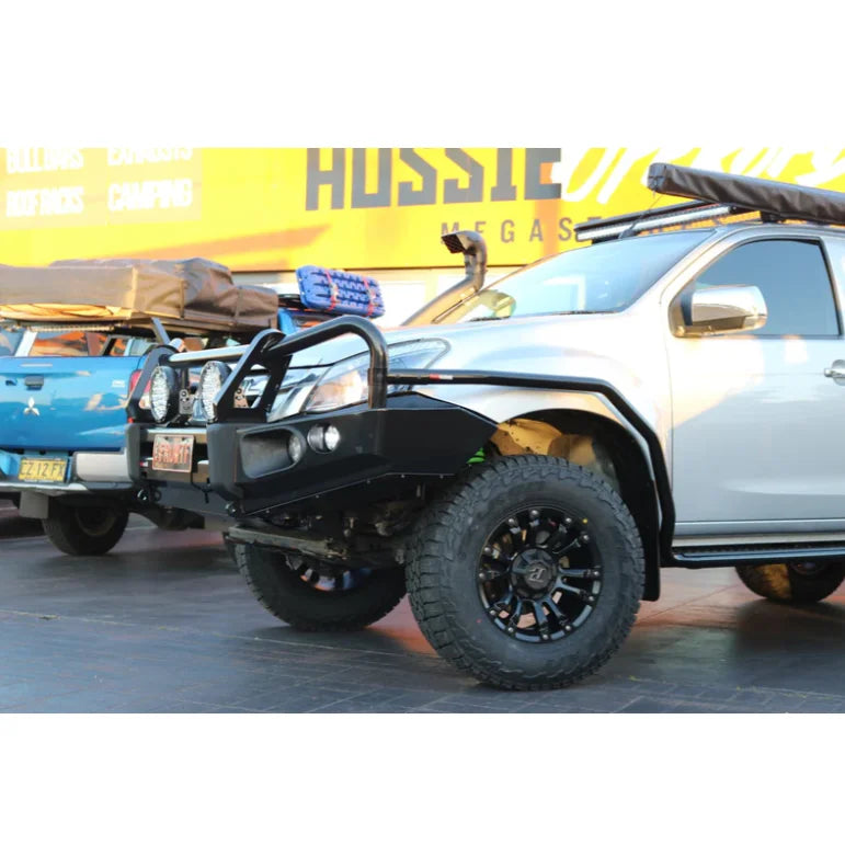 Silver off-road pickup truck equipped with Rockarmor Elite Hoop Bullbar for Isuzu Mux
