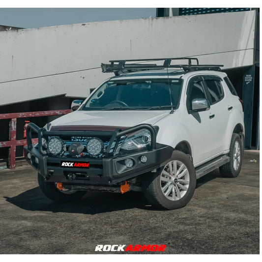 White Isuzu SUV with aftermarket front bumper and roof rack showcasing Rockarmor Elite Hoop Bullbar