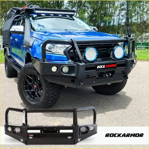 Black rockarmor elite hoop steel bullbar front bumper with integrated lights and tough design for ford ranger ute 4wd offroad
