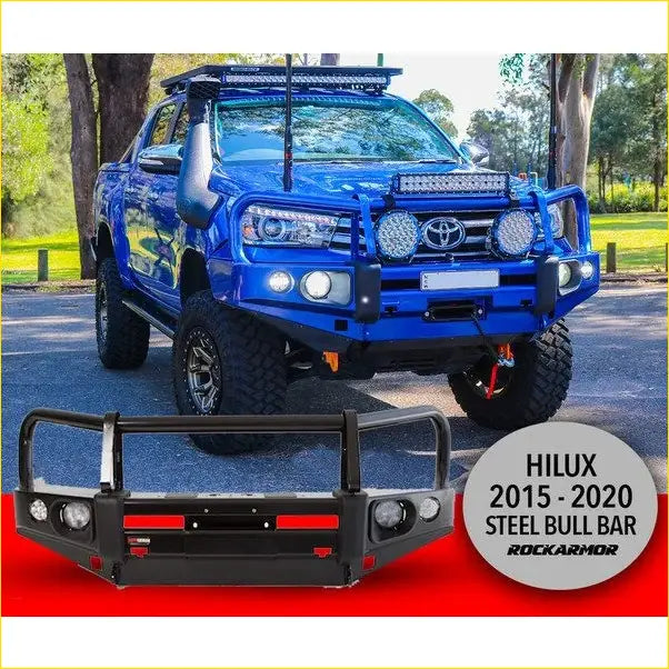 Rockarmor elite hoop steel bullbar for toyota hilux 2015-2020 black steel with red accents and integrated headlights perfect for ute 4wd offroad