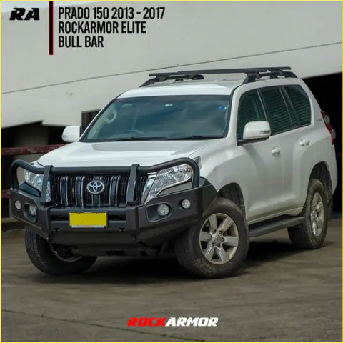 Black rockarmor elite hoop steel bull bar in black fitted to white toyota prado 150 for 4wd offroad use