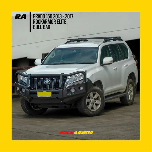 Black rockarmor elite hoop steel bullbar mounted on white toyota prado 150 tear drop 2013-18 front view
