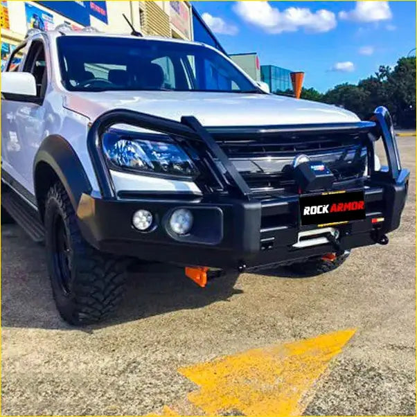 Black rockarmor elite steel bullbar with lights and winch mount on white ute for 4wd offroad use