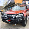 Red isuzu dmax ute with black steel rockarmor elite bullbar perfect for 4wd offroad use 06 2012 to 01 2017 models