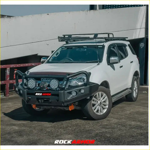 White isuzu d-max ute with black steel rockarmor elite bullbar and roof rack for 4wd offroad use