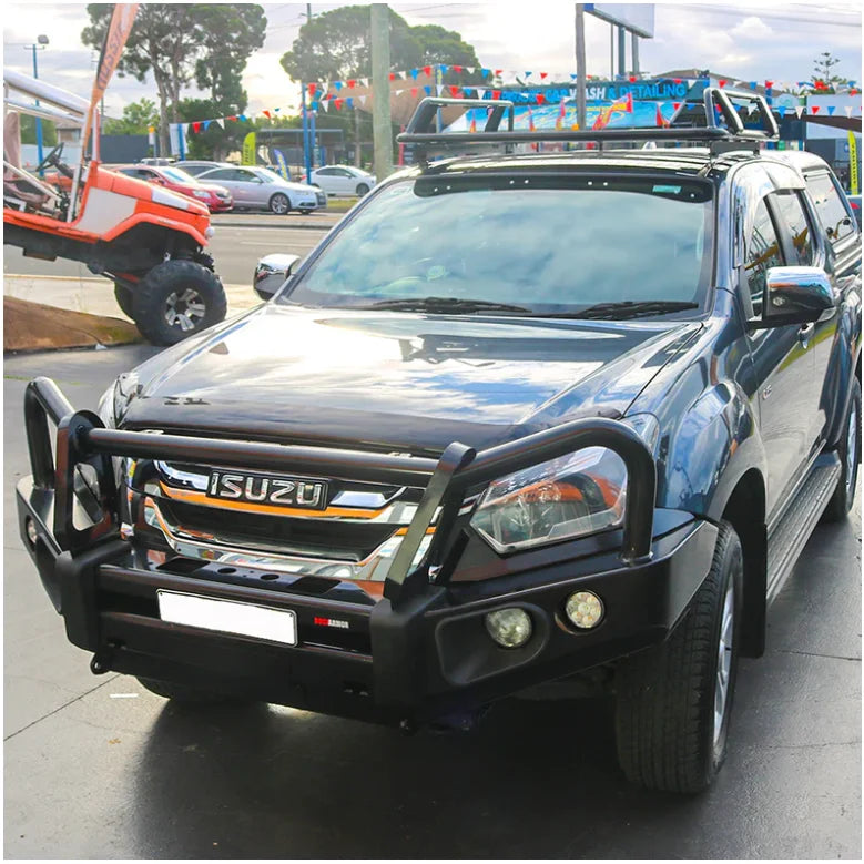 Dark blue Isuzu MU-X with elite steel bullbar, roof rack, and bull bar