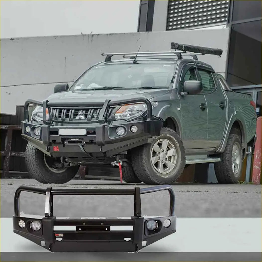 Black metal rockarmor elite steel bullbar with integrated headlights and mounting brackets for mitsubishi triton mq