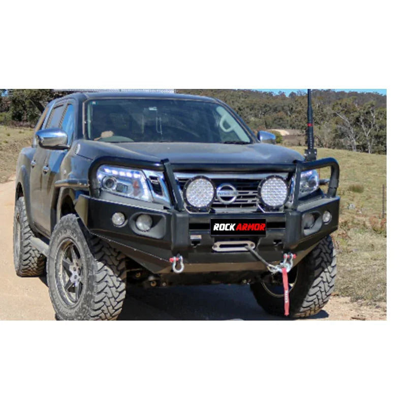Black off-road pickup truck with Rockarmor Elite Steel Bullbar for Nissan Navara Np300 D23