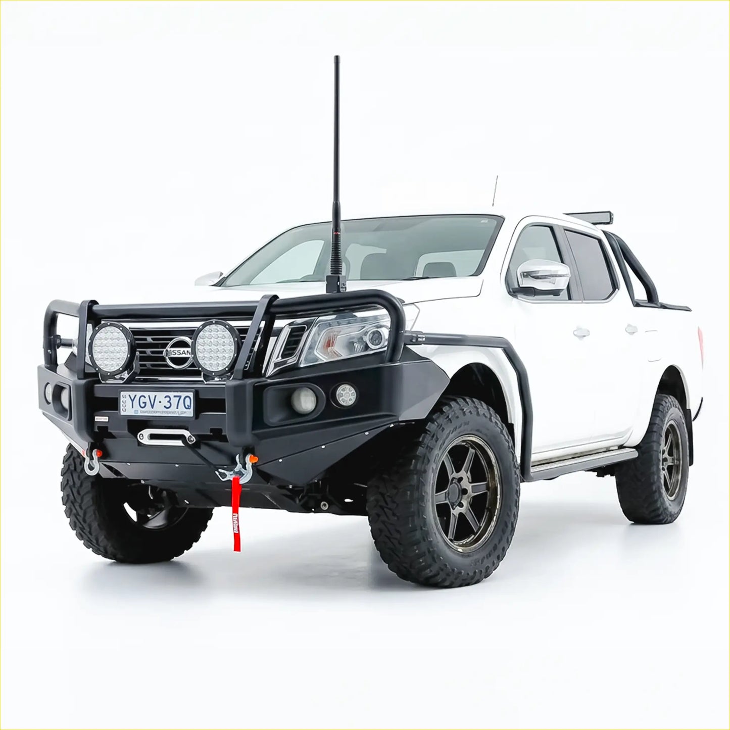 Black rugged steel rockarmor elite bullbar with circular led lights and red recovery strap for nissan navara np300 d23