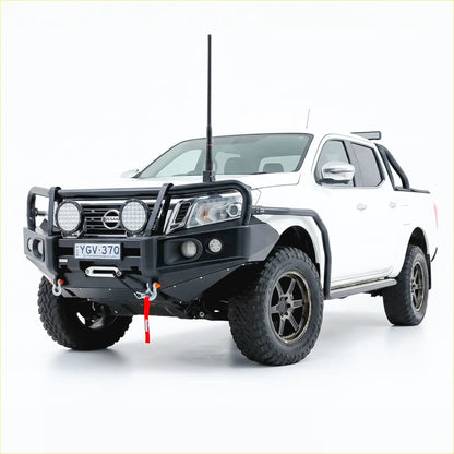 Black rugged steel rockarmor elite bullbar with circular led lights and red recovery strap for nissan navara np300 d23