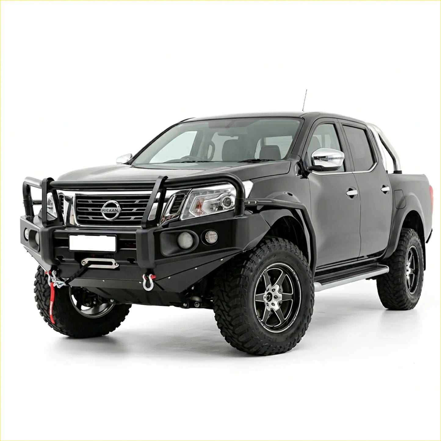 Black armored steel bullbar with winch hook and aux lights for nissan navara np300 d23 pickup truck front bumper