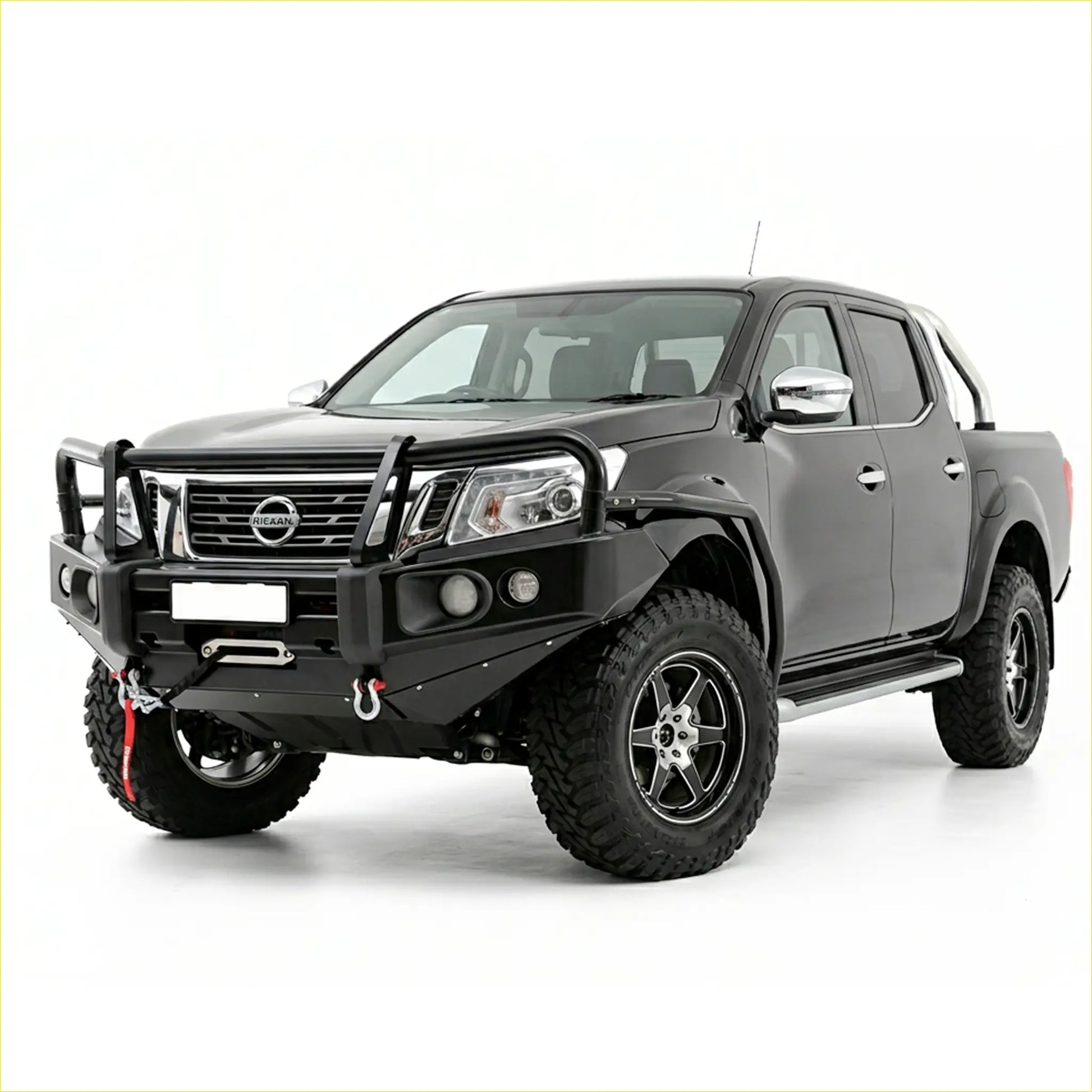 Black armored steel bullbar with winch hook and aux lights for nissan navara np300 d23 pickup truck front bumper
