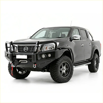 Black armored steel bullbar with winch hook and aux lights for nissan navara np300 d23 pickup truck front bumper