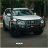 Silver toyota land cruiser prado 150 with black rockarmor elite steel bullbar and snorkel for 4wd offroad use
