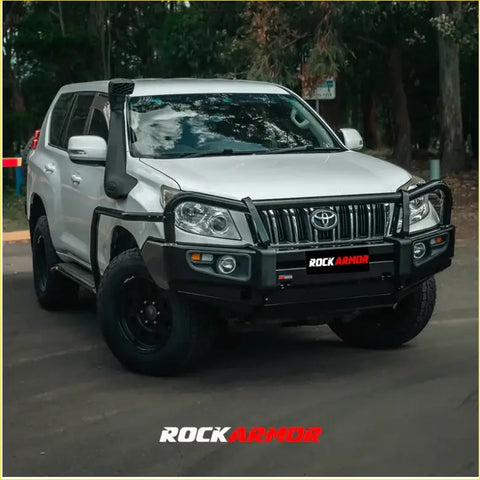Silver toyota land cruiser prado 150 with black rockarmor elite steel bullbar and snorkel for 4wd offroad use