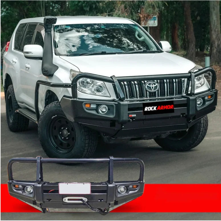 White SUV with black steel bullbar displaying Rockarmor Elite Steel Bullbar for Toyota Prado 150 2009-2013