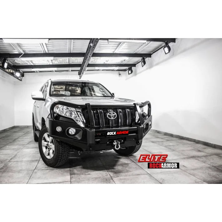 Silver SUV with black steel bullbar and elite steel bullbar for Toyota Prado 150