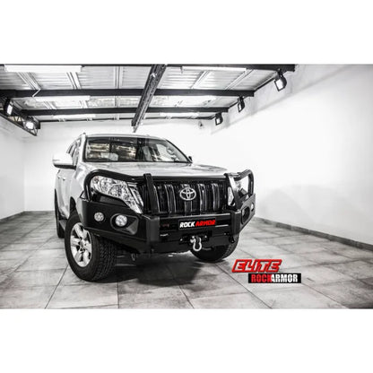 Silver Toyota SUV with black elite steel bullbar designed for Toyota Prado Fj150 2018+