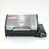 Rockarmor gas bbq portable gas grill in black and stainless steel with pressure gauge on the hood for outdoor cooking