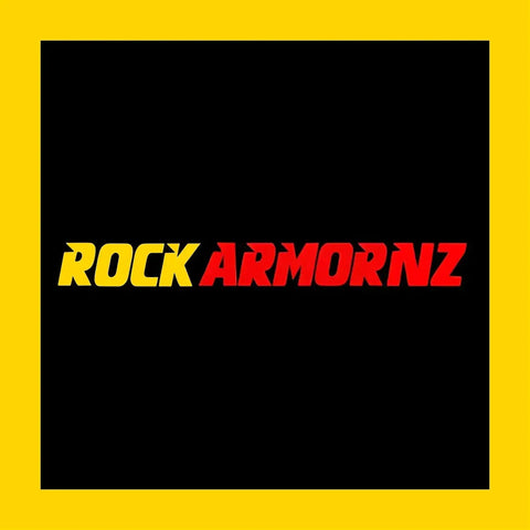 Bold yellow and red rockarmonz logo on black background featured on a rockarmor gift card design