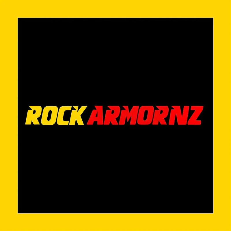 Rockarmonz gift card featuring bold yellow and red logo lettering on a sleek black background