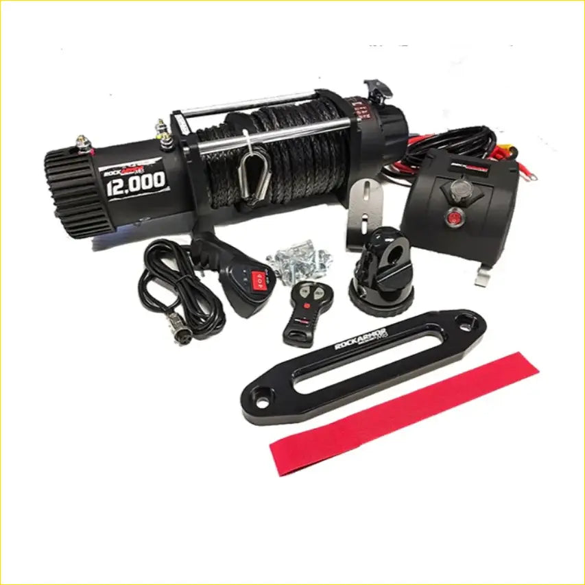 Black rockauto 12000 pound electric winch with coiled rope and controls in rockarmor gt hoop bullbar combo pack for mitsubishi mq triton