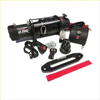 Black rockauto 12000 pound electric winch with coiled rope and controls in rockarmor gt hoop bullbar combo pack for mitsubishi mq triton