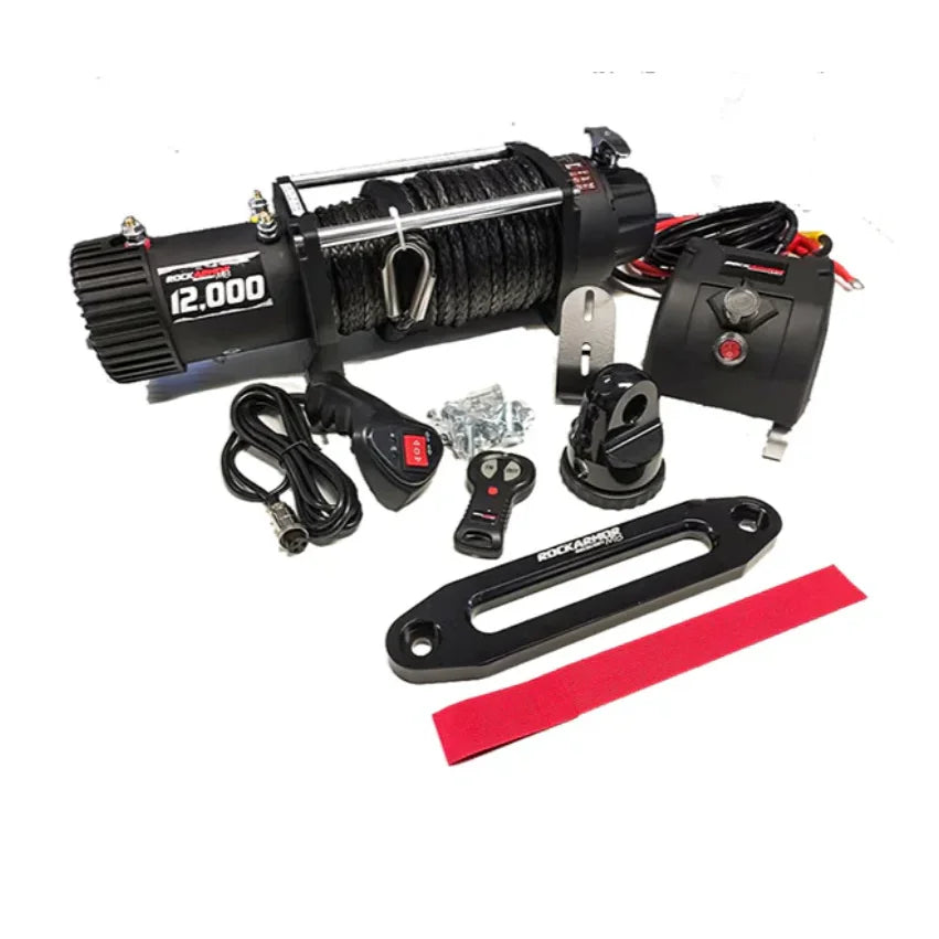 Black electric winch with synthetic rope and accessories on Mitsubishi MV Triton bull bar