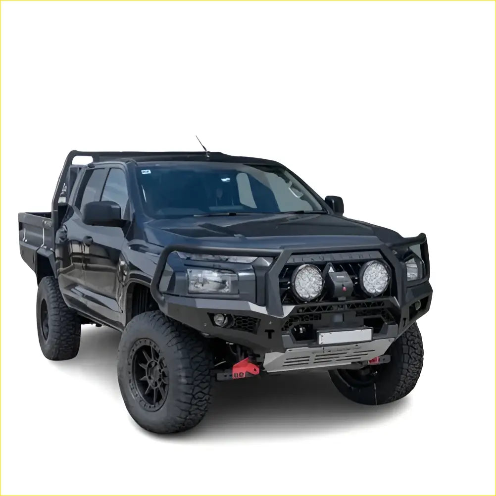 Black matte rockarmor gt hoop bullbar combo pack with rugged bumper and four round lights on mitsubishi mv triton 2024