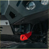 Bright red angular metal recovery hook on front bumper of rockarmor gt hoop bullbar combo pack for 4wd ute offroad