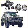 Black and silver offroad 4wd ute with rockarmor gt hoop bullbar combo pack roof rack and led lights on toyota hilux n70