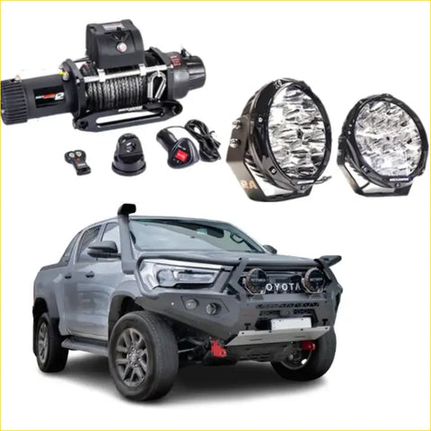 Black rugged offroad 4wd winch with coiled steel cable and remote in rockarmor gt hoop bullbar for toyota hilux ute