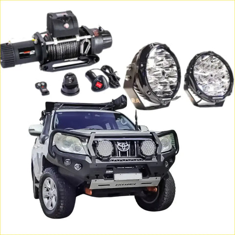 Black rugged rockarmor gt hoop bullbar combo pack for toyota prado 150 with led lights and silver metal plate for offroad 4wd ute