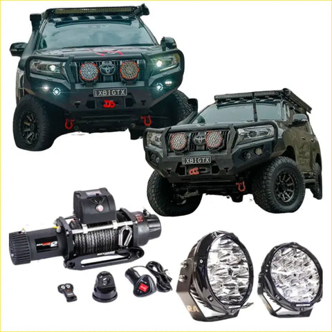Black rugged offroad toyota land cruiser with rockarmor gt hoop bullbar combo pack and mounted led lights for 4wd use