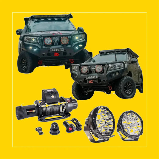 Black toyota land cruiser with rockarmor gt hoop bullbar combo pack rugged off-road design and mounted led lights