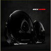 Black rockarmor motorcycle helmet with glossy finish and white hooded figure emblem shown from the back side