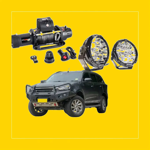 Black rugged suv with rockarmor gt hoop steel bullbar combo featuring winch led lights and control units on isuzu mux