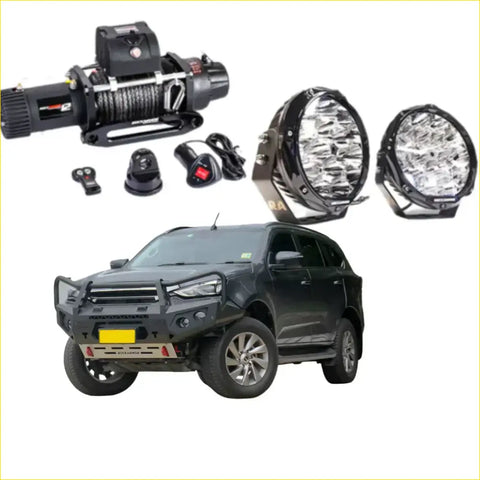 Black rugged isuzu mux with chrome accents and steel rockarmor gt hoop bullbar combo for off-road protection