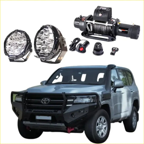 Black rugged winch system with coiled steel cable and remote controls on rockarmor gt hoop steel bullbar for 4wd ute offroad