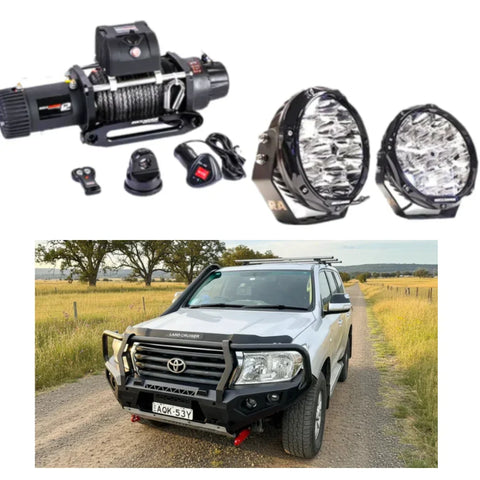 Black steel winch with coiled cable and remote paired with two led light bars for rockarmor gt hoop 4wd ute bullbar