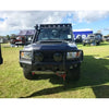 Black rugged steel offroad 4wd suv with reinforced front bumper and roof rack rockarmor gt hoop bullbar combo
