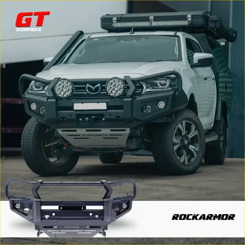 Black rockarmor gt hoop steel bullbar with integrated round led lights for mazda bt50 2020+ 4wd ute offroad use