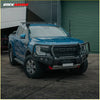 Blue ford ranger 4wd ute with black steel rockarmor gt hoop bullbar front bumper and roof rack for offroad use