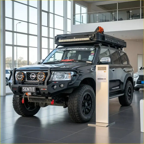 Black nissan patrol suv with rockarmor gt hoop steel bullbar full bar replacement, offroad 4wd with rugged tires and roof rack gear