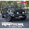 Black rockarmor gt hoop steel bullbar in full bar replacement style mounted on ford ranger raptor 4wd ute for offroad use